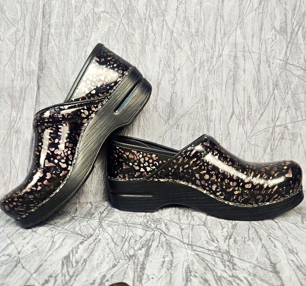 Dansko Professional Women's Black & Silver Print Leather Clogs US 8.5 EU 39